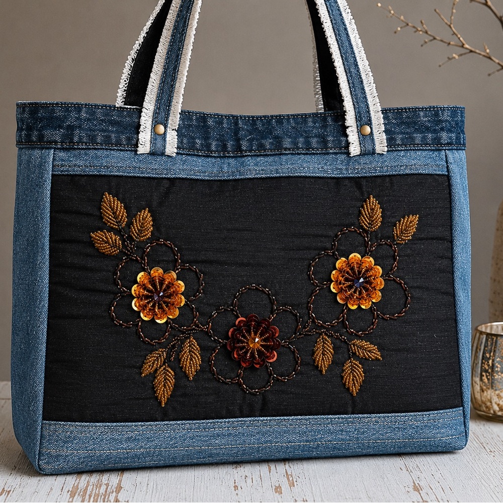 Boho Denim Tote Bag Handmade Upcycled Jean Purse Beaded Floral Shoulder Bag